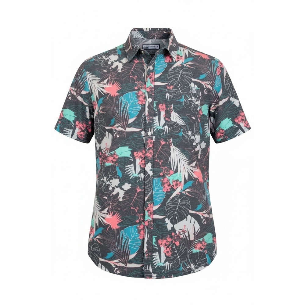 Huk Mens Tropical Floral Short‎ Sleeve Button Down Shirt Charcoal Pink Size M